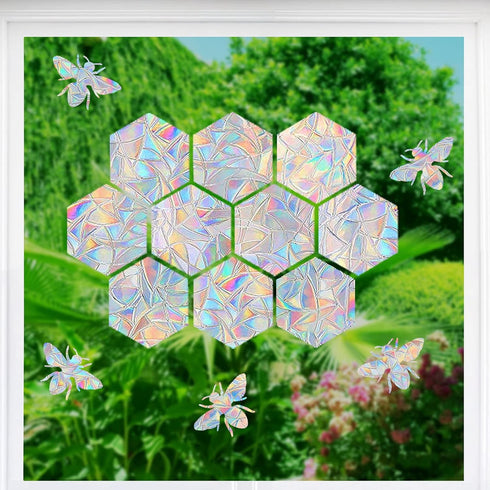 STICKERGURU 16 Pieces Hexagons and Bee Window Clings - Non Adhesive Vinyl Decals to Save Birds, Rainbow