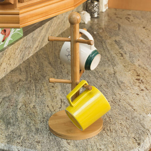 Home Basics Bamboo Mug Tree, Holds Up to 6 Coffee Cups, Free Standing Circular Base for Kitchen Countertop, Beige