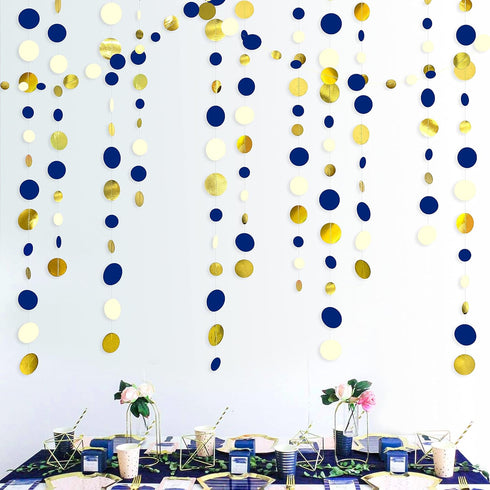 46 Ft Navy Blue and Gold Circle Dots Garland, Royal Blue Hanging Paper Polka Dot Streamer for Party Decorations