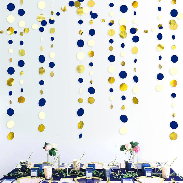 46 Ft Navy Blue and Gold Circle Dots Garland, Royal Blue Hanging Paper Polka Dot Streamer for Party Decorations