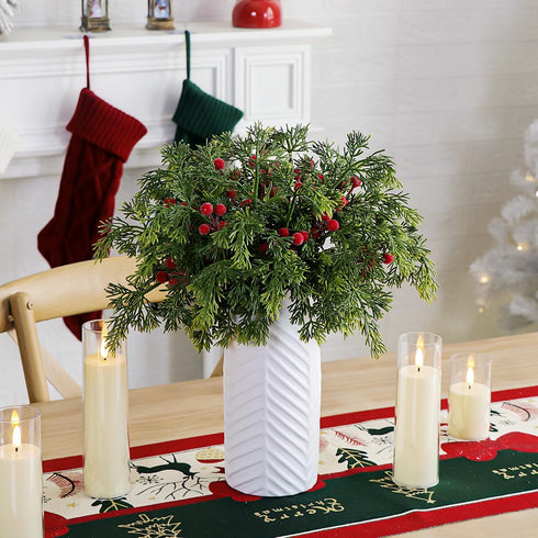 Kunjocy 40PCS Christmas Artificial Pine Branches Frosted Berry Stems Fake Evergreen Norfolk Cypress Sprigs Holly