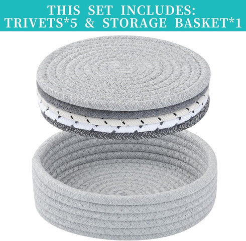 Trivets for Hot Dishes, Trivets for Hot Pots and Pans, Hot Pads for Countertops, Coasters 5 Pcs and Storage Basket 1 Pack, Pot Holders for Kitchen, Cotton Hot Mats Cooking Pad Protect Table (Mix G) by Cazzon