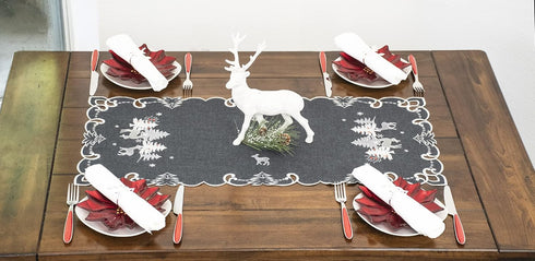 Embroidered Christmas Holiday Table Runner, Silver Reindeer & Scene on Dark Gray, Rectangle 16Wx33L