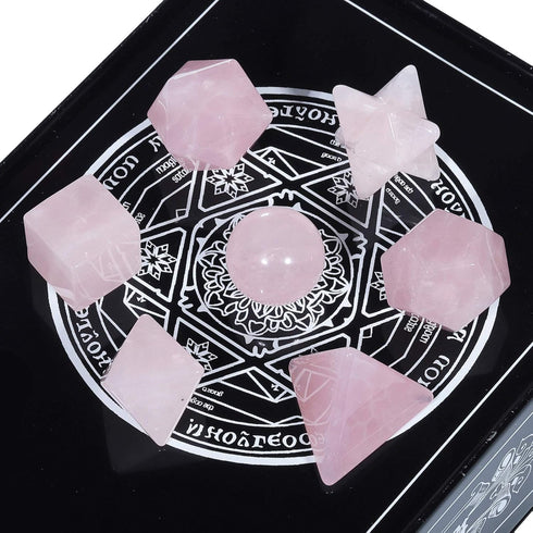 Amogeeli Crystal Platonic Solids Sacred Geometry Set, Healing Stone Gift Kit with Merbaka Star and Rose Quartz