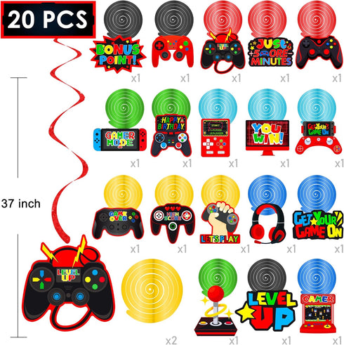Video Game Birthday Hanging Swirls, 20Pcs Red Video Game Party Decorations for Ceiling Streamers