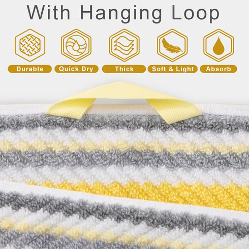 3PC 100% 1 28"x52", 1 16"x27", 1 13"x13", Set, Bath Towels with Hanging Loops, Striped Towels - Cotton, Quick Dry