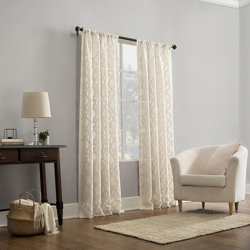 No. 918 Yvette Trellis Jacquard Sheer Curtain Panel, 52" x 84", Cream Off-White Rod Pocket