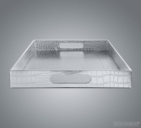 17.5"x12" Home Redefined Silver Glossy Crocodile Faux Leather Serving Tray Beautiful Modern Elegant Decorative Tray