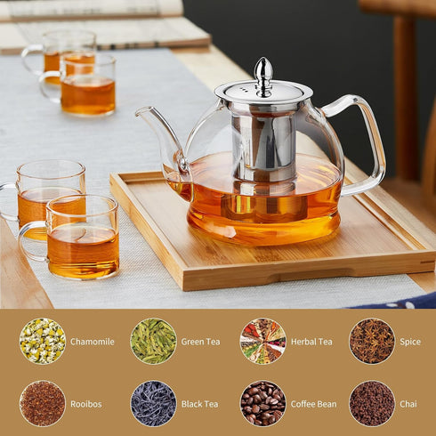 Glass Teapot, Stovetop Safe 34oz Borosilicate Kettle with Loose Leaf Tea Strainer for Blooming Tea