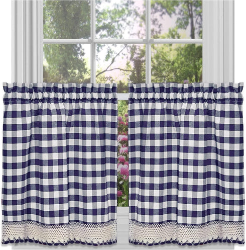 Buffalo Check Tier Pair Window Curtain Set, 58 Inch Width, 24 Inch Length, Navy & Ivory Plaid Drapes