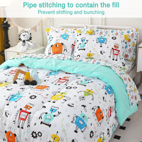 Sets 8 Set Set Mooreeke Full Size Comforter for Boys Kids, Pieces Bed in a Bag White Robot Bedding Comforter Sheet