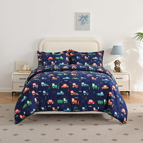 Set Set Set 2 Yibeizi Car Kids Comforter for Boys Twin, Cute Reversible Quilted Navy Blue Printed Construction Toddler