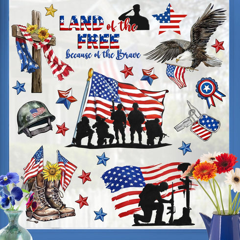 Mfault Memorial Day Land of The Free Window Clings, 9 Sheets 4th of July Military Soldier Boots Decals