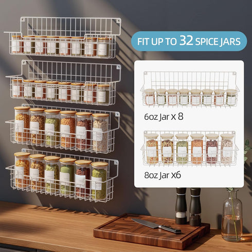 4 Pack, Spice Rack Wall Mount Metal Wall Mounted Spice Rack Organizer for Cabinet Door & Pantry, Space-Saving Kitchen