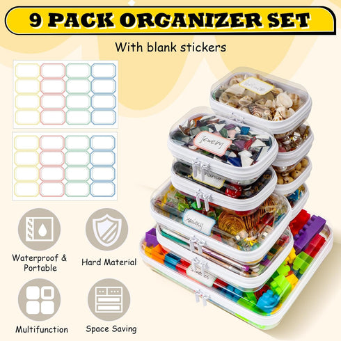 9 Pack Storage(L,2S,6Mini) Clear Hard Shell Zipper Case,Waterproof Toiletry Cosmetic Bag,Toy Organizers and Storage