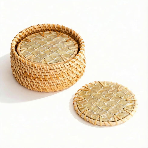 Set 6 JUNGLE CULTURE Mother of Pearl Rattan Coasters for Drinks with Holder Handmade Round Coaster of Wicker Homeware