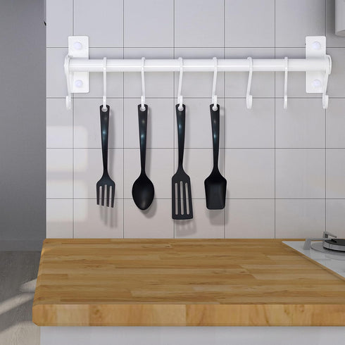 Dseap Kitchen Utensil Holder Hanger, Wall Mounted Pot and Pan Rack with 8 Hooks for Cooking Utensils, White