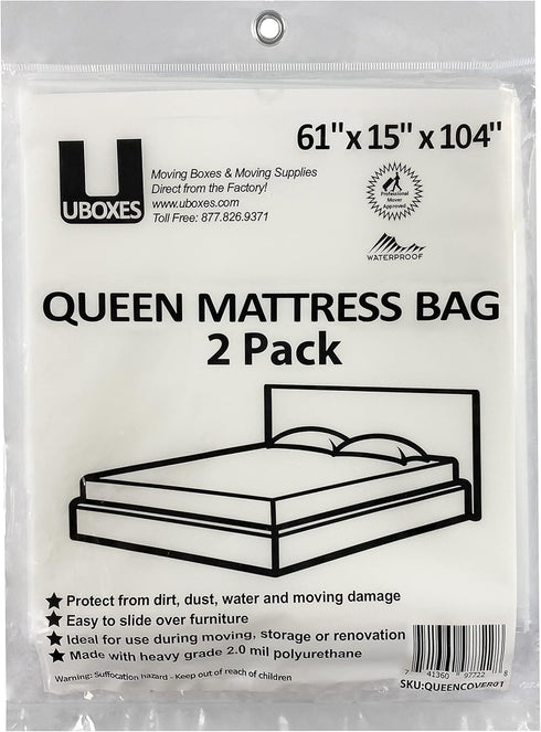 uBoxes Queen Size Mattress Covers/Bags, 61" x 15" x 104", Pack of 2 Moving Supplies