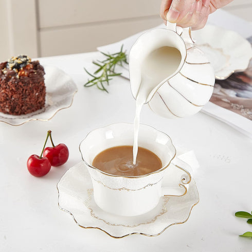 Trim,Set 6 (7 OZ), Set DUJUST Tea Cups and Saucers with Golden of Luxury Relief Printing Coffee Cups with Metal Stand