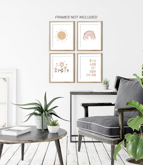 XWELLDAN Room,8 10 Inch Set 4 Boho Rainbow Sun Cloud Flower You Are My Sunshine Nursery Poster Wall Art Prints,Boho