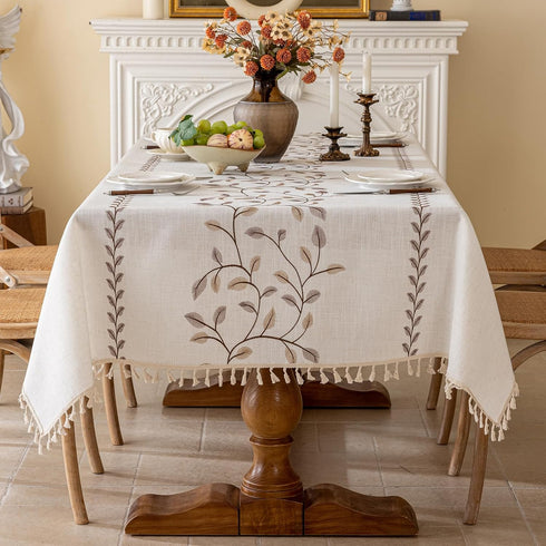 55''x 55'' Joyfol Day Square Linen Tablecloth, Heavy Duty Waterproof Tablecloths, Farmhouse Embroidery Leaves Table