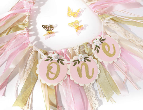 Agkvw 1st 1st Pink Golden Floral High Chair Banner - Rose Birthday Highchair Banner, Girls Birthday Decoration, Pink