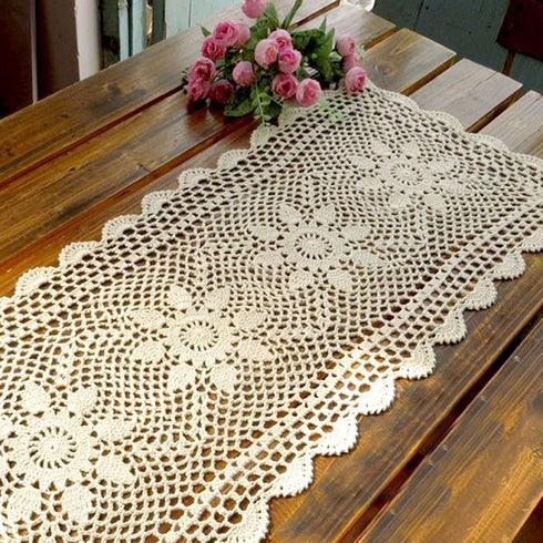 KEPSWET Sunflower Cotton Handmade Crochet Lace Rectangle Table Runner, Beige (14x60 inch)