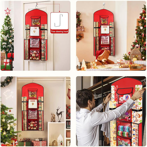 Hanging Gift Wrapping Paper Storage, 40"X17" Red Double-Sided Christmas Wrapper Bag for Craft Roll