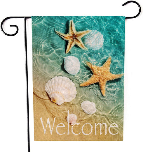 Welcome Beach Garden Flag, 12 x 18 Inch Double Sided Decorative Sea Flags with Starfish and Seashell for Outdoor Summer