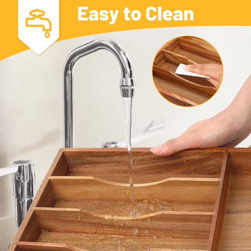 Kitchen Drawer Organizer - Acacia Silverware Holder, Extra Deep Grooved Divider, 7 Slots Cutlery Organizer Flatware Tray