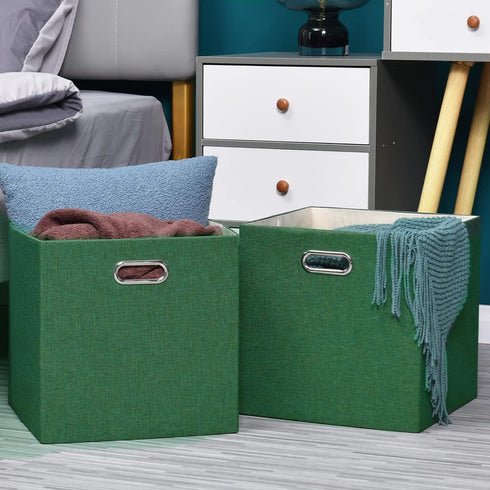 Grass Green Cube Storage Bins 11×11 Linen Foldable Box Set of 4, Large Capacity Collapsible Organization Basket for