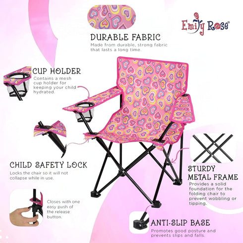 27 Emily Rose Kids Folding Beach Camp Chair with Cup Holder, Safety Lock & Matching Carry Case (Playful Hearts) Toddler