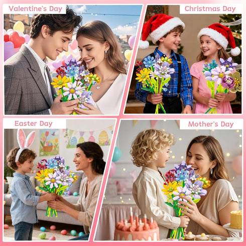 POATROZON 24Pcs Sets 8-12+ Valentine's Day Gifts Party Favor Gifts Flowers Bouquet Botanical Building Block Home Plant