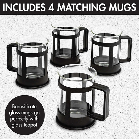 Set 4 40-Ounce, Set, Set 4 Primula Half Moon Teapot with Tea Cups, Removable Stainless Steel Filter and Infuser, Glass