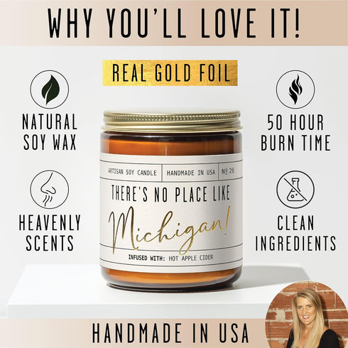 Michigan Gifts, 'There's No Place Like Michigan' Candle, Hot Apple Cider, 9oz Jar, 50Hr Burn, USA Made