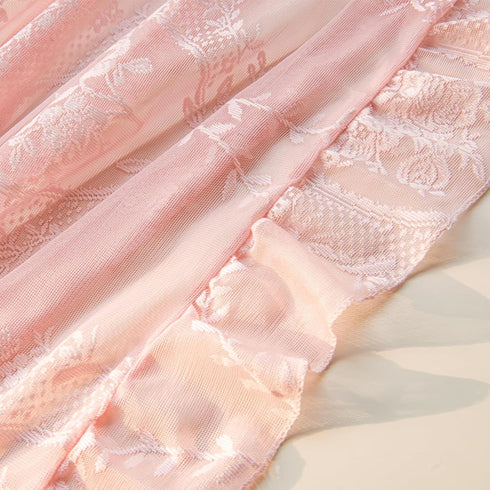 84 Inches 2 Set, W57 L84 Deeprove Pink Lace Curtains Long Panels Boho Sheer Florals Scallop Ruffle Edge, Bohemian Chic
