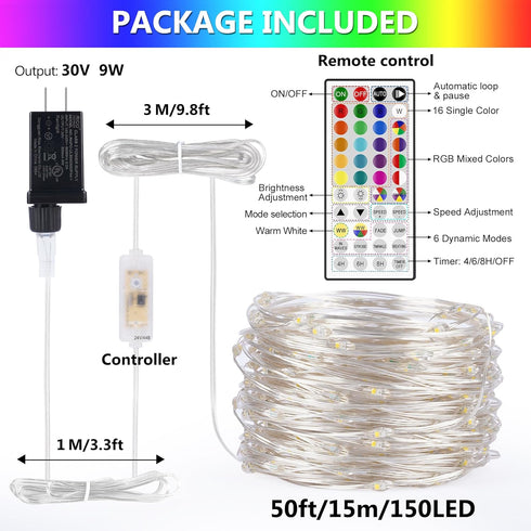 50FT 150 30V 24 150 LED Fairy Lights Plug in, RGB Colors+Warm White Color Changing Twinkle Lights, Lighting Modes Timer