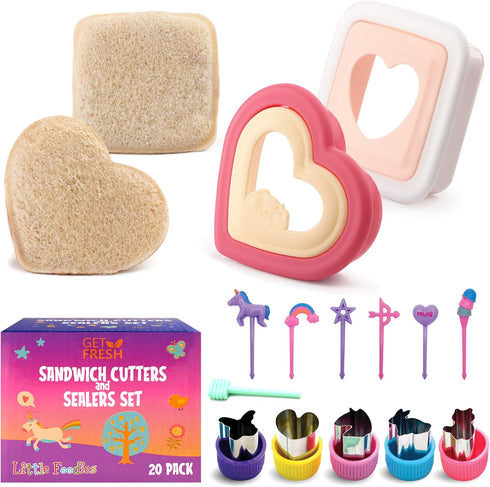 GET FRESH Sandwich Cutters and Sealers for Kids – 20-pcs Set with 2 Bread Cutters, 5 Vegetable Shapes, 12 Unicorn Picks