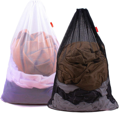 Heavy Duty Mesh Laundry Bag with Drawstring, 24 x 36 Inches, 2 Pack, Black & White for College, Dorm, Travel, Apartment