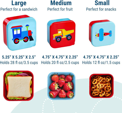 Set 3 Wildkin Nesting Food Containers for Kids Stackable, Airtight & Dishwasher Safe - of - Trains, Planes & Trucks