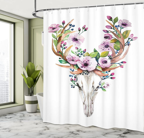 Ambesonne Skull Shower Curtain, Deer Animal Skull with Floral Horns, 69" W x 70" L, Brown Purple, Cloth Fabric Bathroom