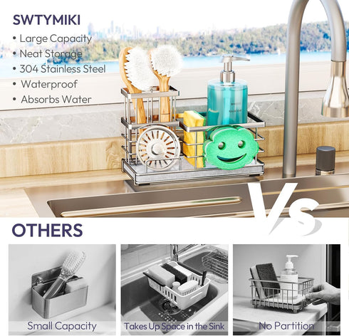 Countertop, SWTYMIKI Kitchen Sink Caddy Organizer, Smiley Face Sponge Holder for Kitchen Sink, Instant Drying Sponge