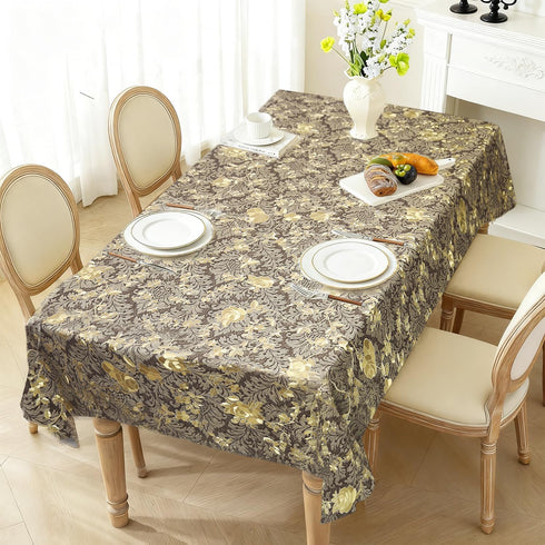 Brass,54" 78") Rectangle Table Cloth Elegant Gold Vine Flower PVC Waterproof Spill-Proof Vinyl Fitted Microfiber