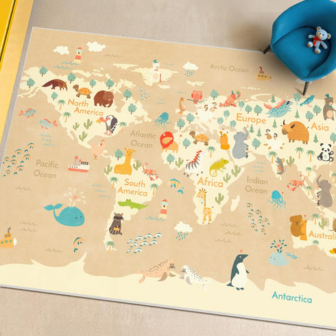4x6 Kids Bedroom Rug with World Map & Animals Educational Washable Play Mat for Playroom, Cute Global Animal, Featuring