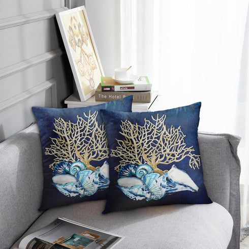 Emvency Throw Pillow Cover, Blue Seashore Indigo Ocean Coral Seashells, 20 x 20 Inch Decorative Pillow Case