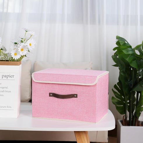 ANMINY Storage Bin with Lid, Decorative Foldable Lidded Cotton Linen Fabric Home Cubes Baskets Closet Organizer - Pink,