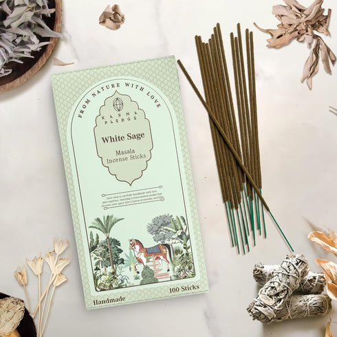 White Sage Masala Incense Sticks: Organic Hand Rolled 100 Sticks with Natural Herbs, 45 to 60 Minutes Burn Time
