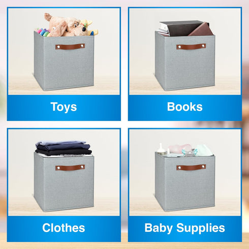 Pomatree 11 Inch Cube Storage Bin - 6 Pack, Linen Fabric Bins for Bedroom, Living Room, Clothes, Toys, Foldable, Silver