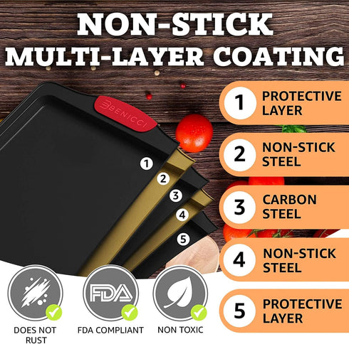 Set of 3 Premium Non-Stick Baking Sheets - Deluxe BPA Free Bakeware Pans with Easy to Clean Silicone Handles