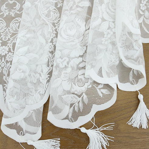 Sheer White Lace Curtain Valance for Kitchen Small Window, Boho Floral Rose Pattern, 1 Panel 52"×18" for Living Room,